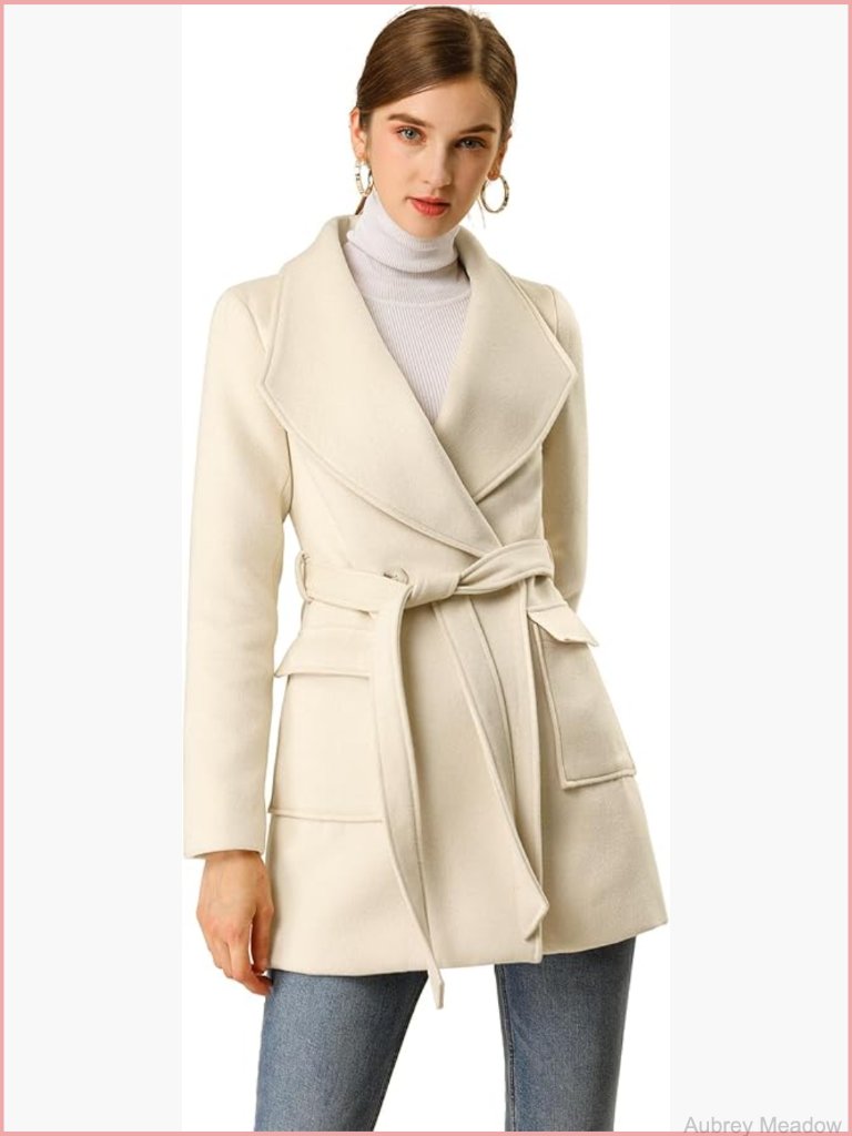 Women's Winter Wrap Coat Turndown Collar Long Sleeve Tie Belt
